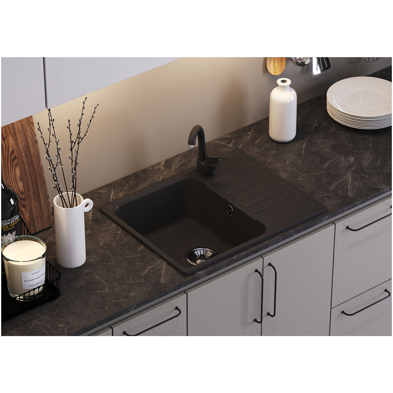 Мойка кухонная кварцевая прямоугольная туман Polygran Quartz Bond-600 688285 - изображение 2