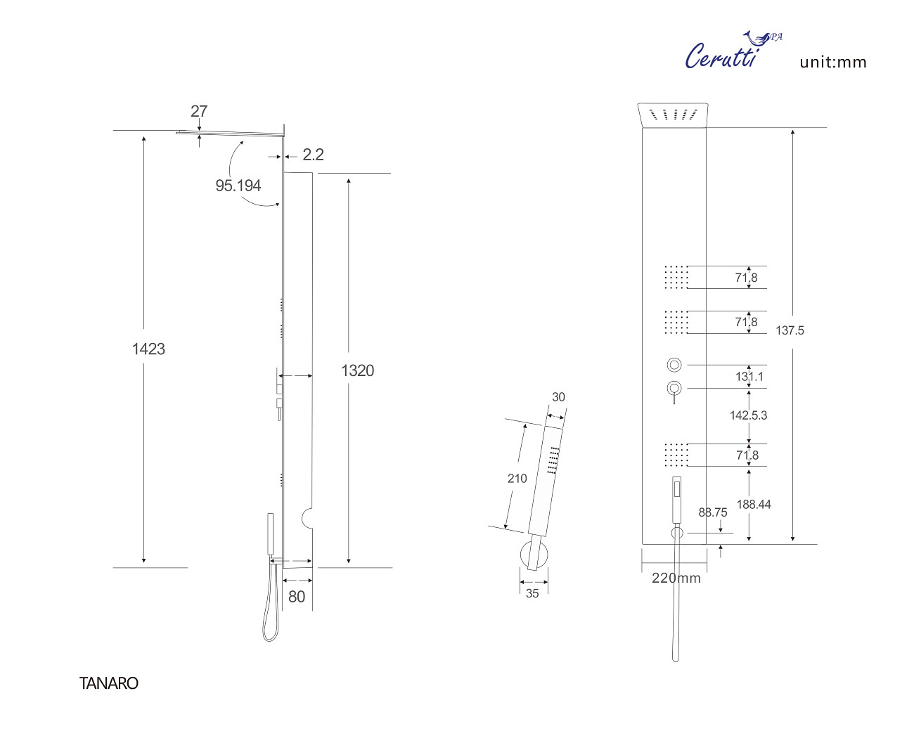 Душевая панель с гидромассажем 142х22 см черная глянцевая Cerutti SPA Tanaro B CT899191 - изображение 4
