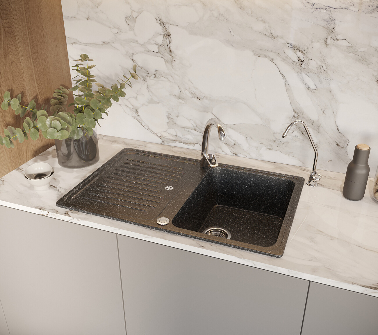 Мойка кухонная из искусственного мрамора прямоугольная 51х78 см черная Domaci "Бьелла" DMC-78 - изображение 6