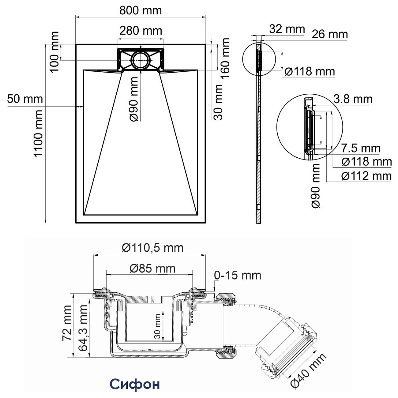 Душевой поддон 80х110 см черный Elbe 74T14 - изображение 2