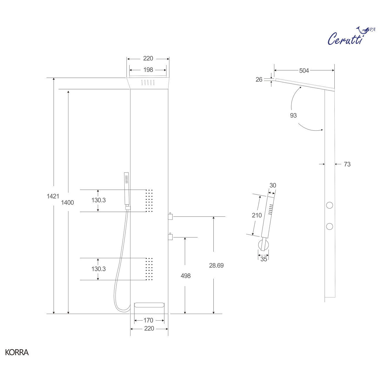 Душевая панель с тропическим душем 142х22 см черная глянцевая Cerutti SPA Korra B CT9258 - изображение 4