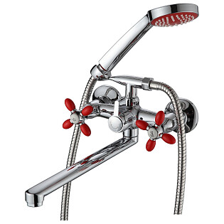 Смеситель для ванны двухвентильный с душевым гарнитуром хром, красный Ammore A4683-4