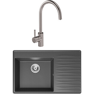 Мойка кухонная серая Domaci &quot;Римини&quot; со смесителем никель Stworki HSTW07200, DG 79-503