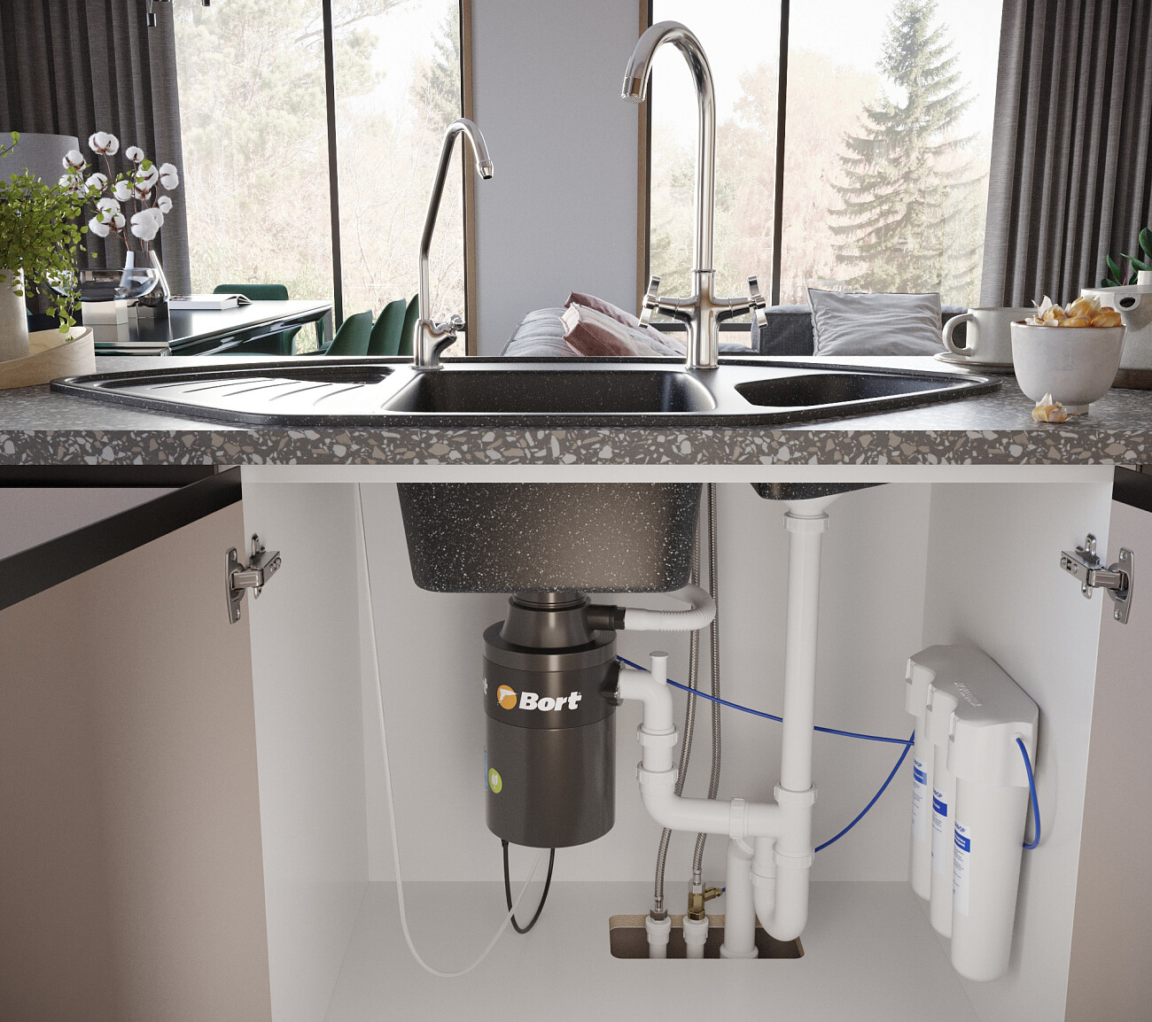 Мойка кухонная многоугольная мраморная черная Domaci "Бьелла" DMC-14K-308 - изображение 7