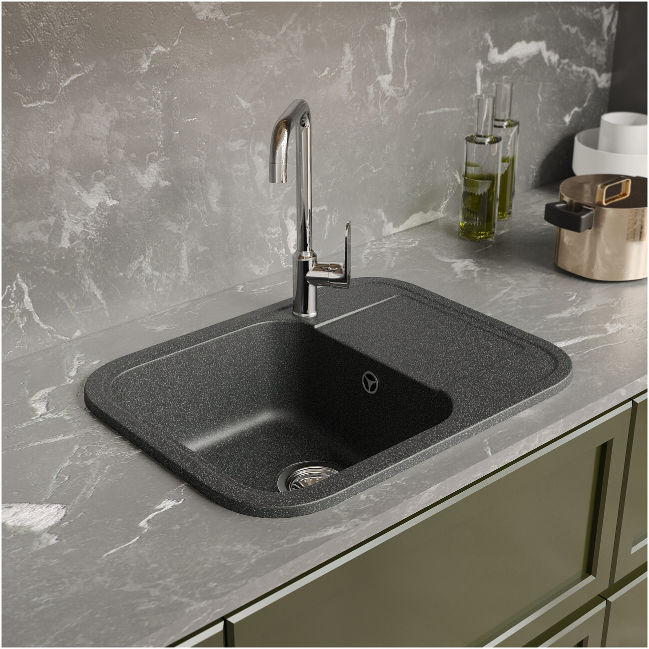 Мойка кухонная из искусственного мрамора прямоугольная 46х60 см антрацит Domaci "Парма" 61-47-225 - изображение 4