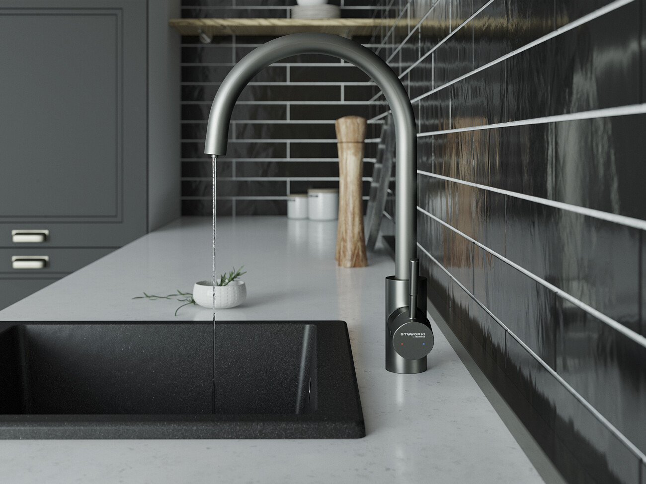 Смеситель для кухни однорычажный со встроенным изливом питьевой воды серый Stworki HSTW07200 - изображение 9