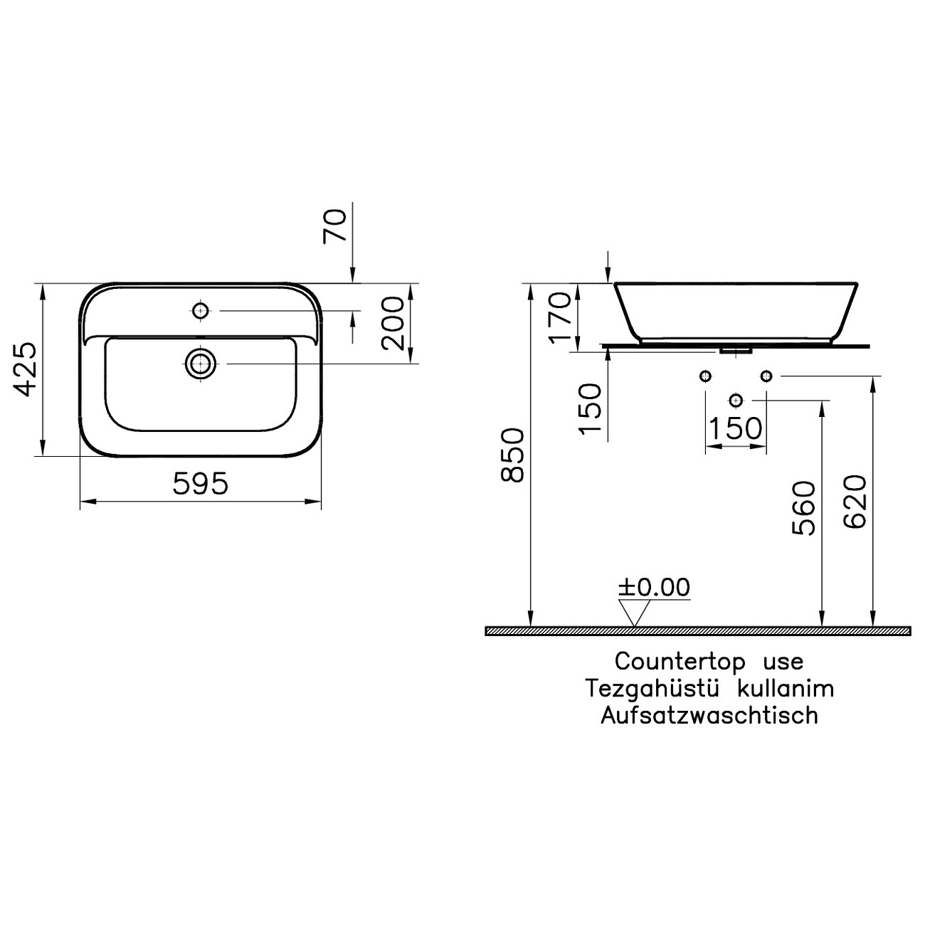Раковина накладная фарфоровая прямоугольная 43х60 см белая Vitra Geo 7426B003-0001 - изображение 3