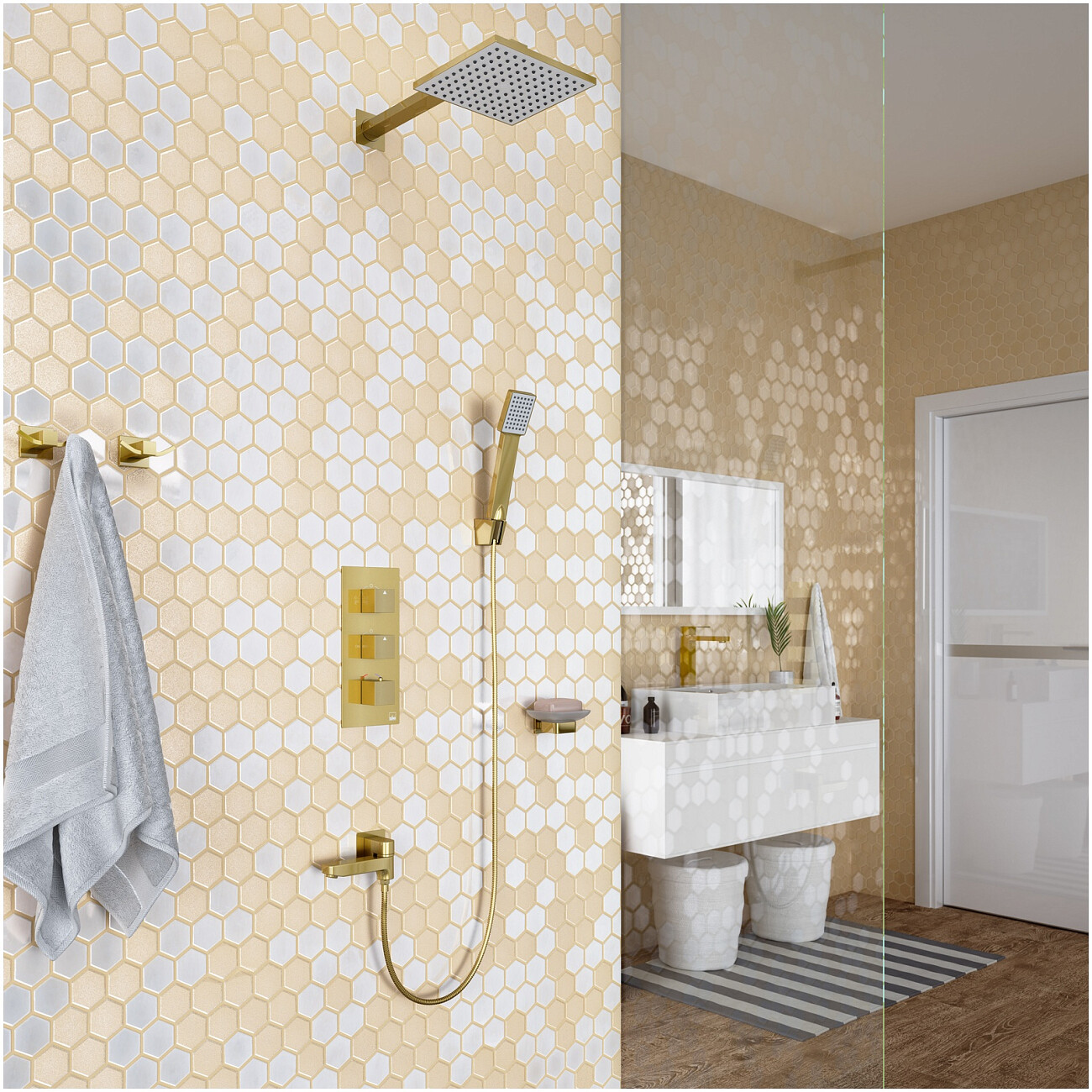 Душевой комплект с термостатом и тропическим душем золотой Timo Tetra-thermo SX-0199-17SM - изображение 2