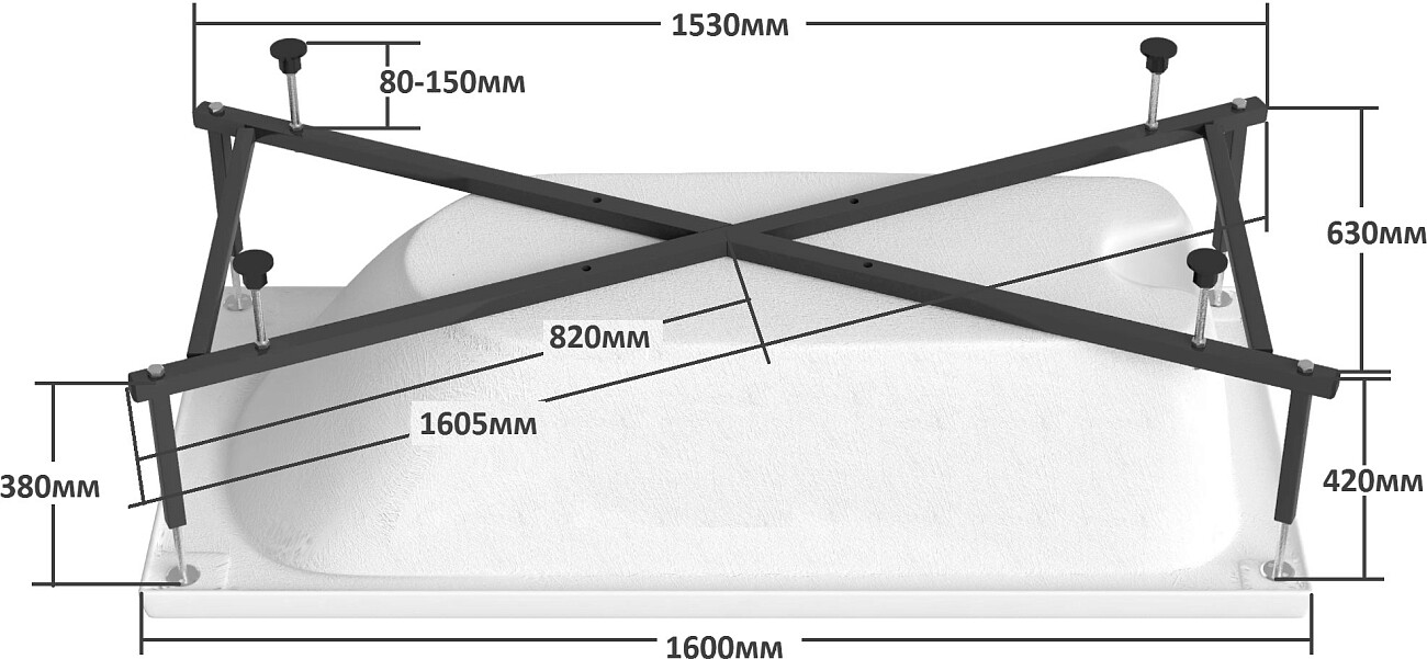 Акриловая ванна с ножками 160x70 см белая Diwo "Ярославль" 333192, 333194 - изображение 6