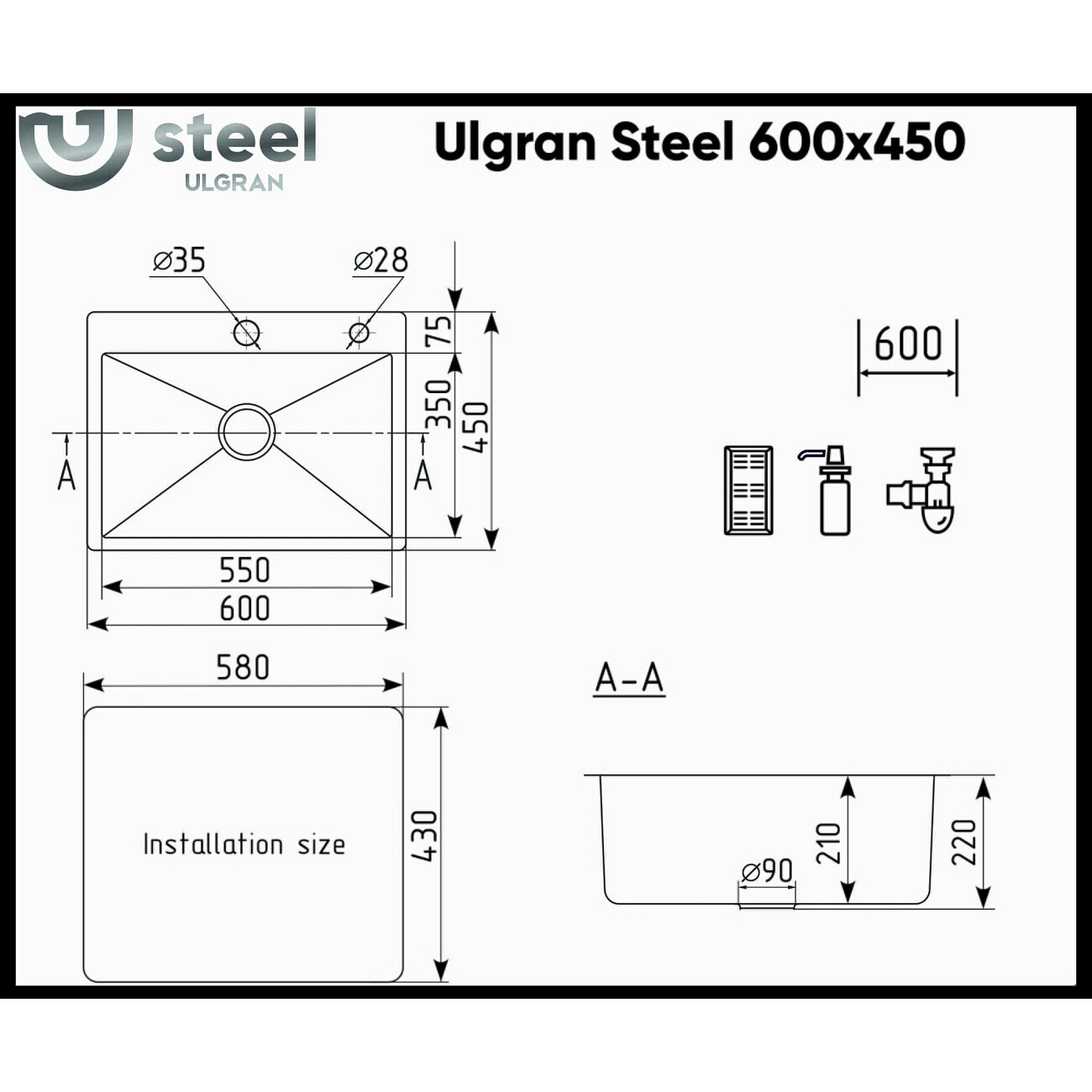 Мойка кухонная 60х45 см брашированная сталь Ulgran Steel US 600-001 - изображение 2