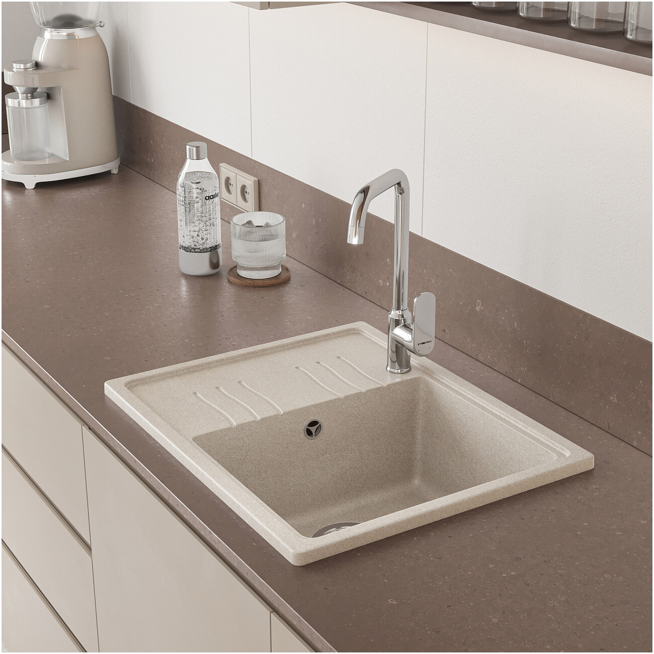 Мойка кухонная из искусственного гранита с крылом бежевая Domaci "Верона" 61-48 бежевая - изображение 4