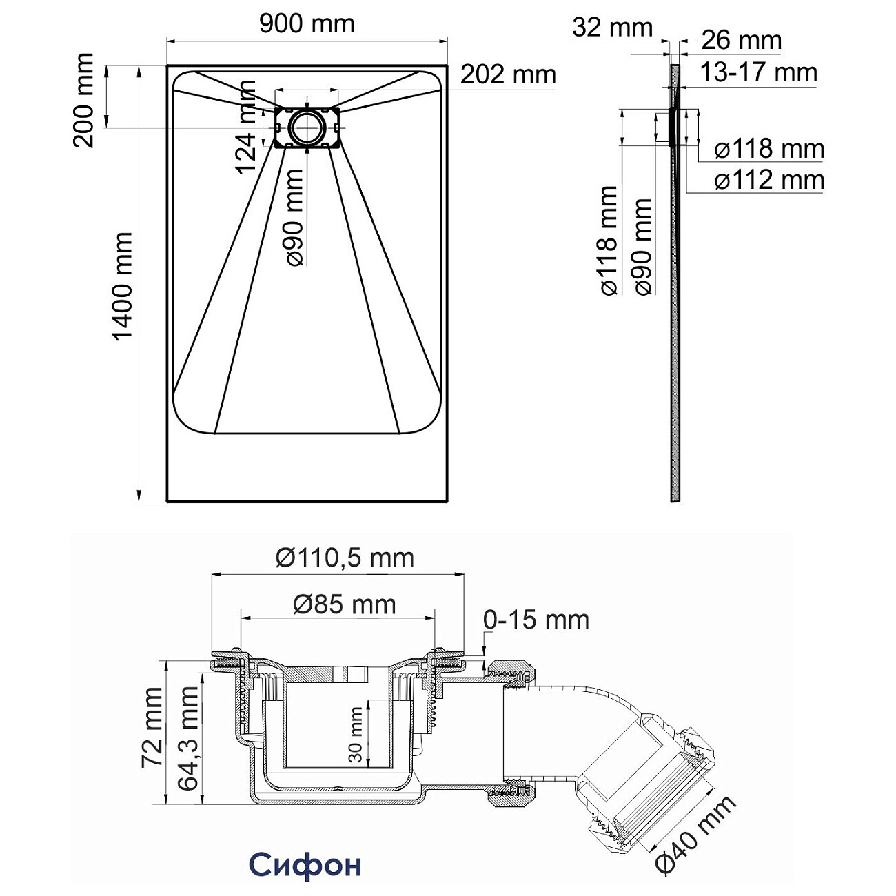 Душевой поддон 140х90 см серый Wasserkraft Elbe 74T36 9071278 - изображение 2