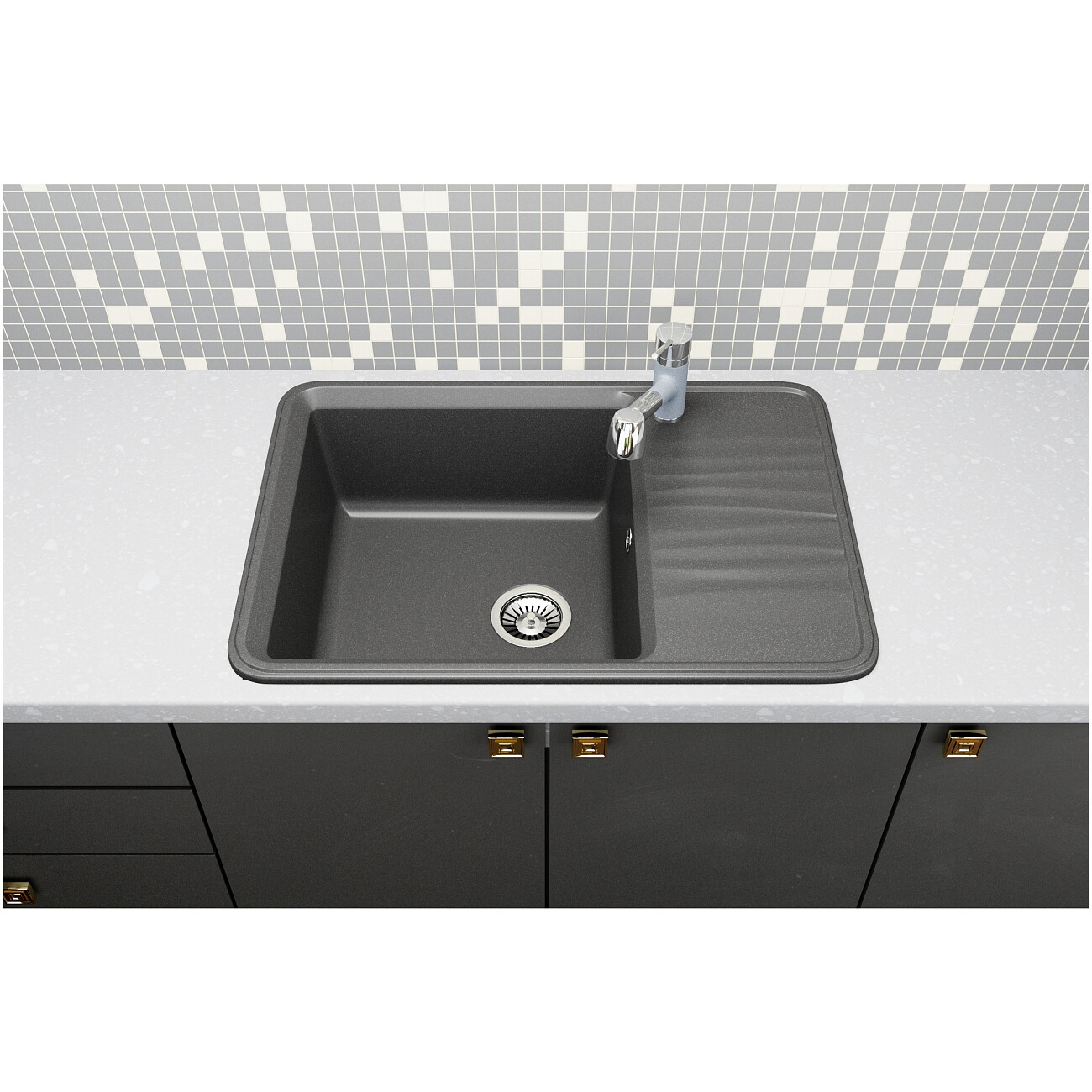 Мойка кухонная кварцевая прямоугольная 51х74 см антрацит Domaci "Римини" DG R-501 - изображение 5