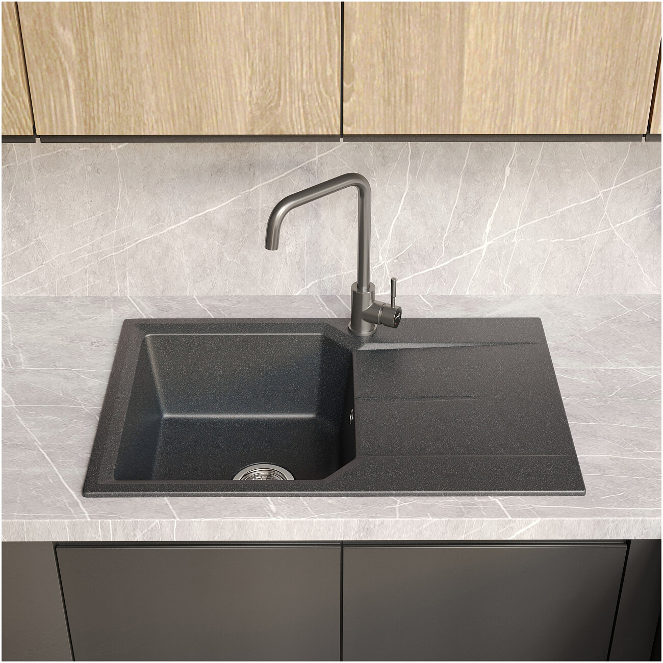 Мойка кухонная из искусственного мрамора прямоугольная 49х78 см антрацит Domaci "Парма" 78-49-225 - изображение 4