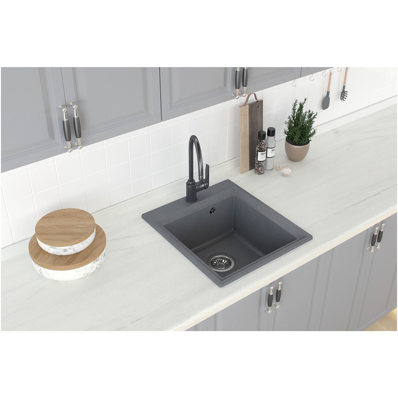 Мойка кухонная кварцевая прямоугольная 52х46 см серая Domaci "Римини" DG 45-51-503 - изображение 4