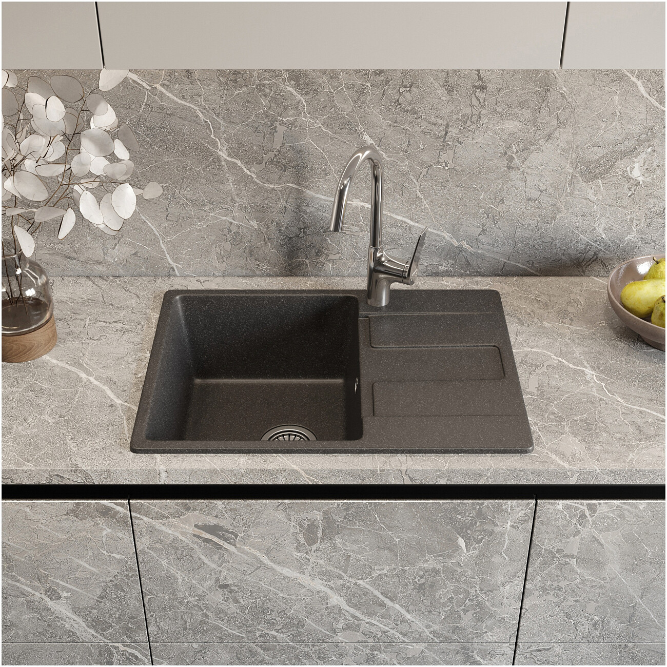 Мойка кухонная из искусственного мрамора прямоугольная 50х69 см антрацит Domaci "Римини" DG В-501 - изображение 8