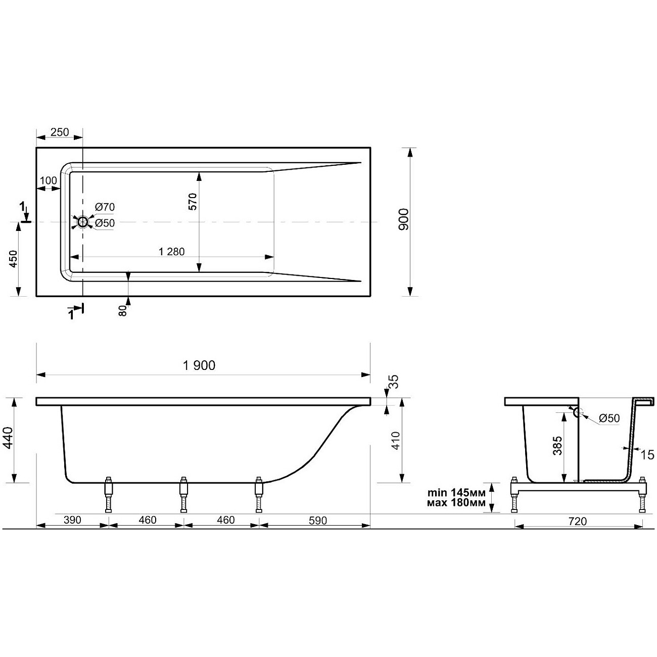 Ванна из искусственного камня прямоугольная с ножками 190x90 см белая Stworki "Ольборг" - изображение 2