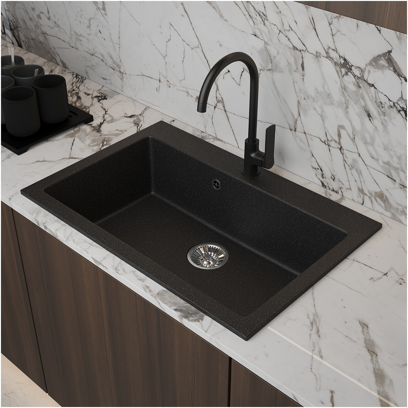 Мойка кухонная из искусственного мрамора прямоугольная 50,5х75,5 см черная Domaci "Болонья" М-39-002 - изображение 9