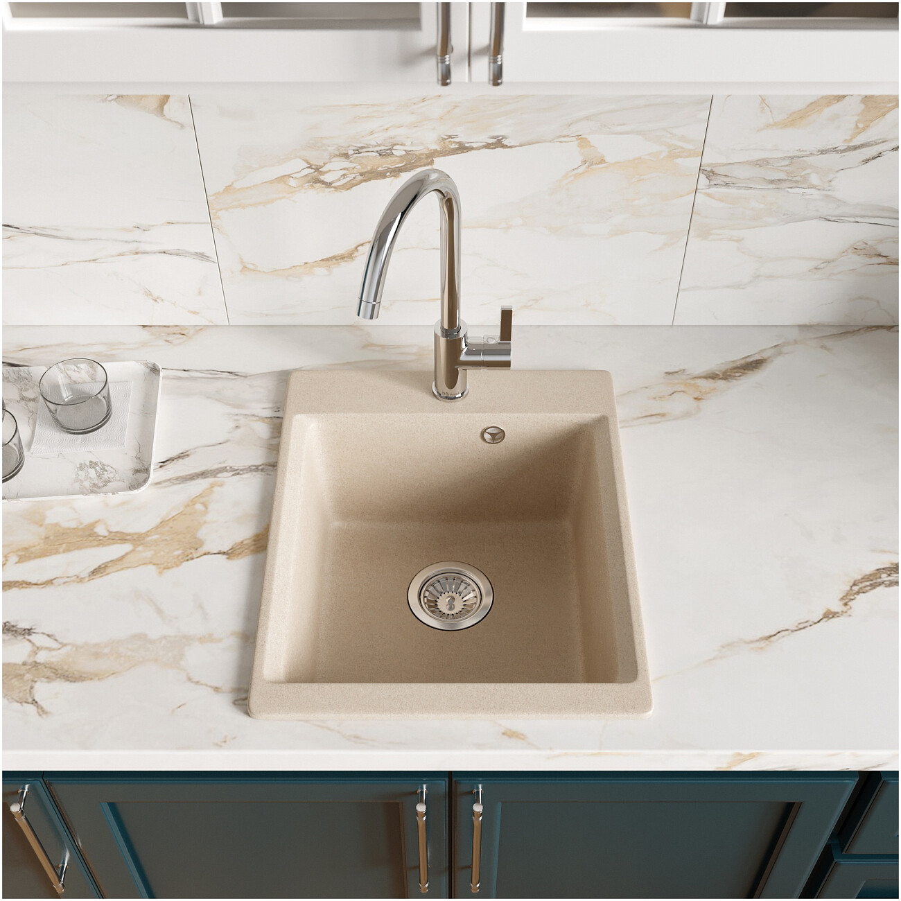 Мойка кухонная из искусственного гранита прямоугольная бежевая Domaci "Верона" 51-42 бежевая - изображение 3