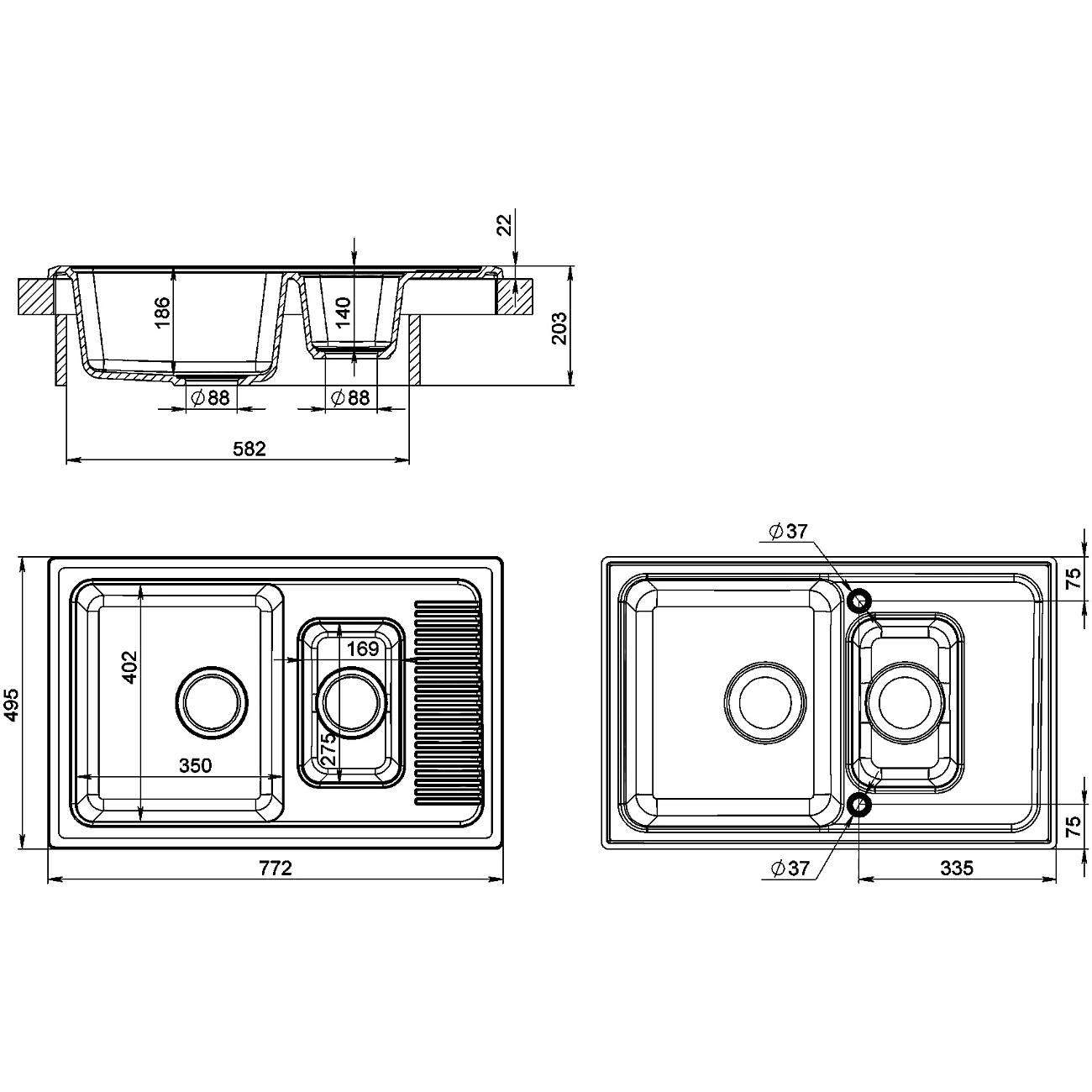 Мойка кухонная двойная из искусственного мрамора 49,5х77 см серая Domaci "Парма" 77-49-251 - изображение 2