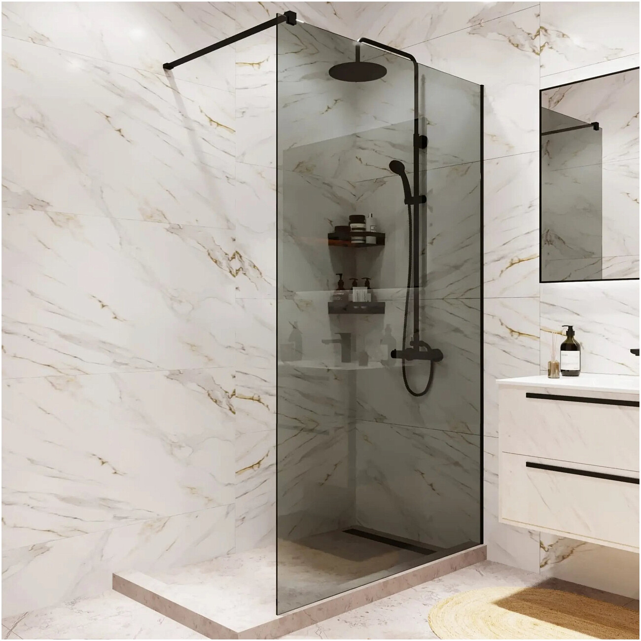 Душевая перегородка стеклянная 90х200 см тонированная, черная Reflection Walk In RX20090TBL-16 - изображение 8