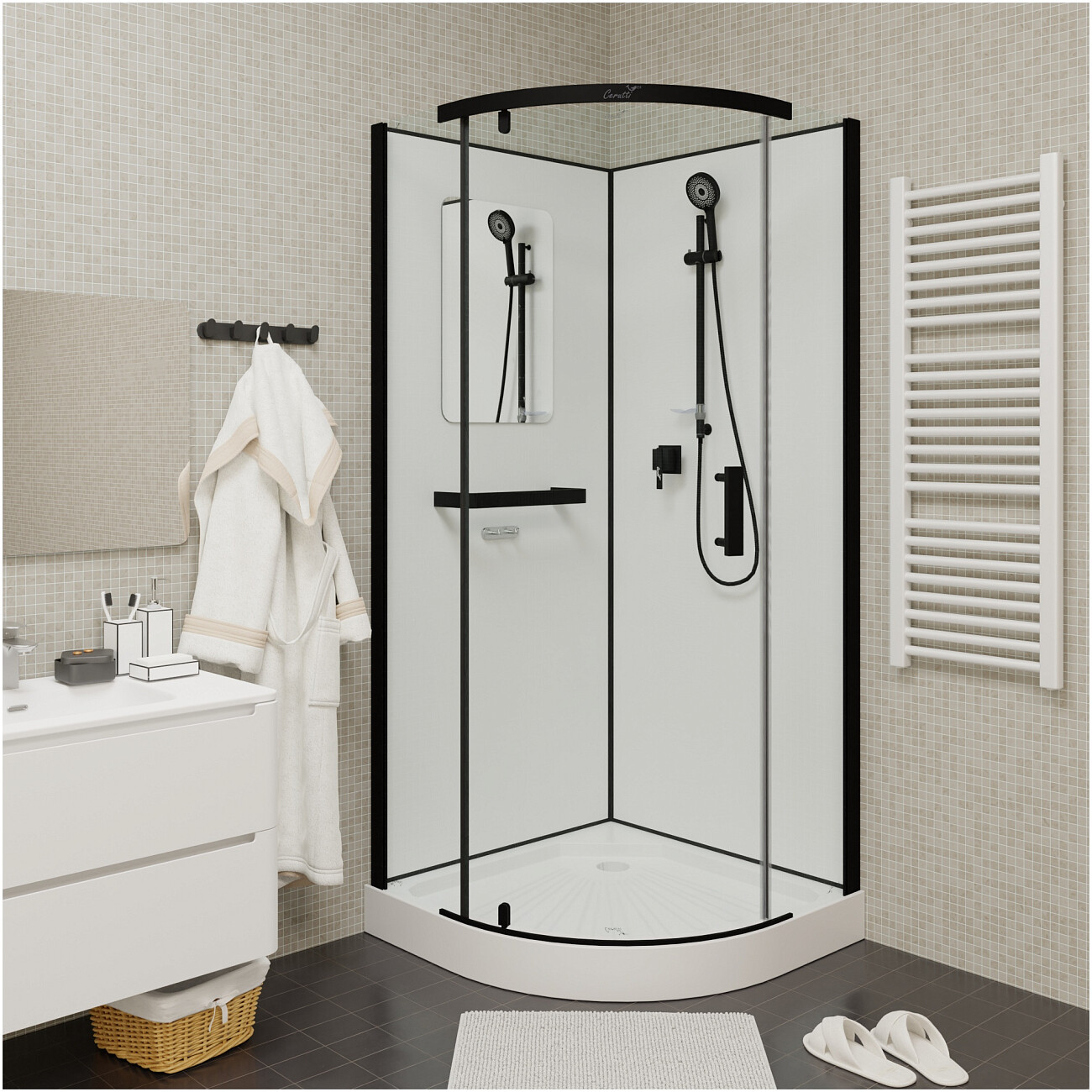 Душевая кабина четверть круга с низким поддоном 90х90 см черная, белая Cerutti SPA Korra 90B - изображение 14