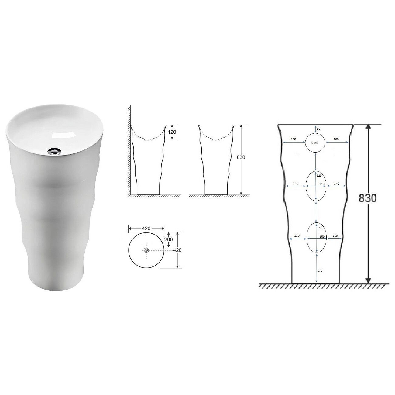 Раковина напольная фарфоровая круглая 83х42 см белая Cerutti SPA Alessia CT7834 - изображение 3