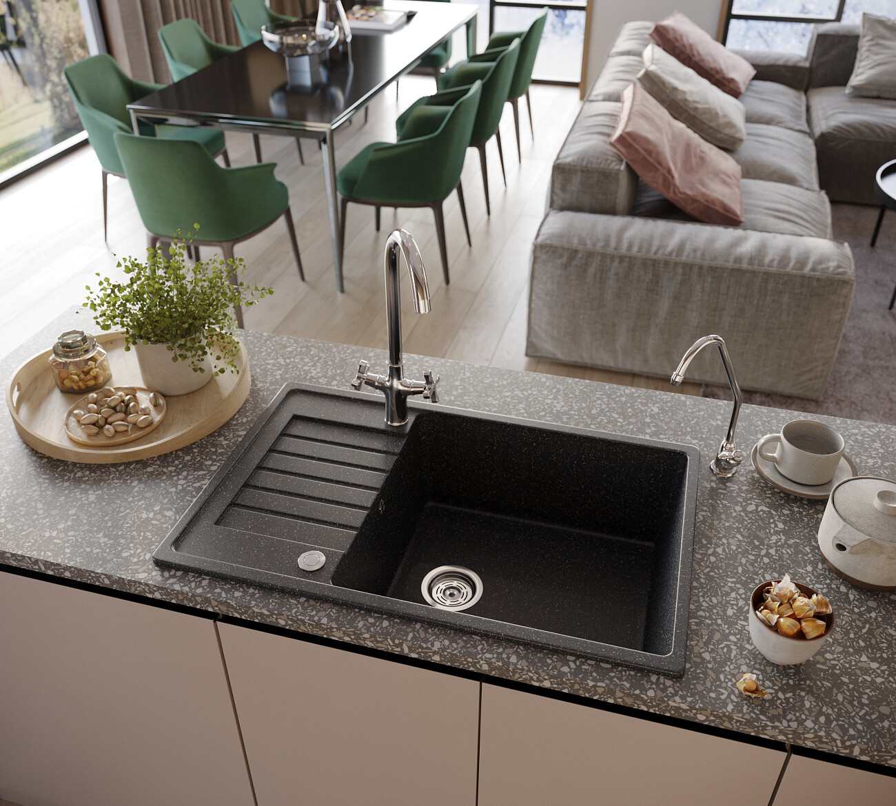 Мойка кухонная прямоугольная мраморная черная Domaci "Бьелла" DMC-78L-308 - изображение 6