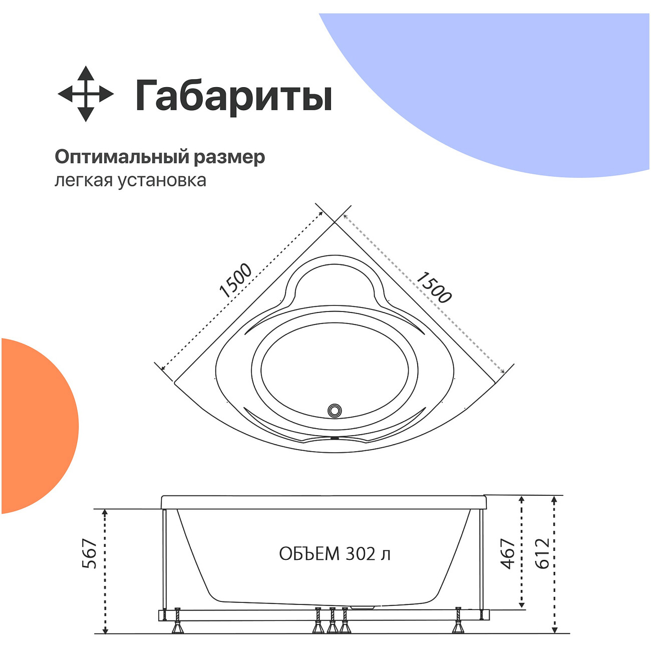 Ванна акриловая 150x150 см с каркасом белая Diwo "Архангельск" Щ0000055216, Щ0000055244 - изображение 7