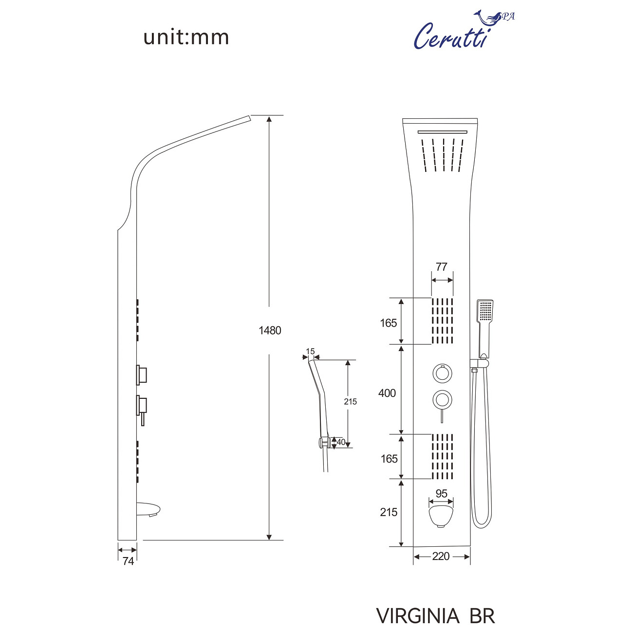 Душевая панель с гидромассажем 150х22 см матовая сталь Cerutti SPA Virginia BR CT9983 - изображение 4