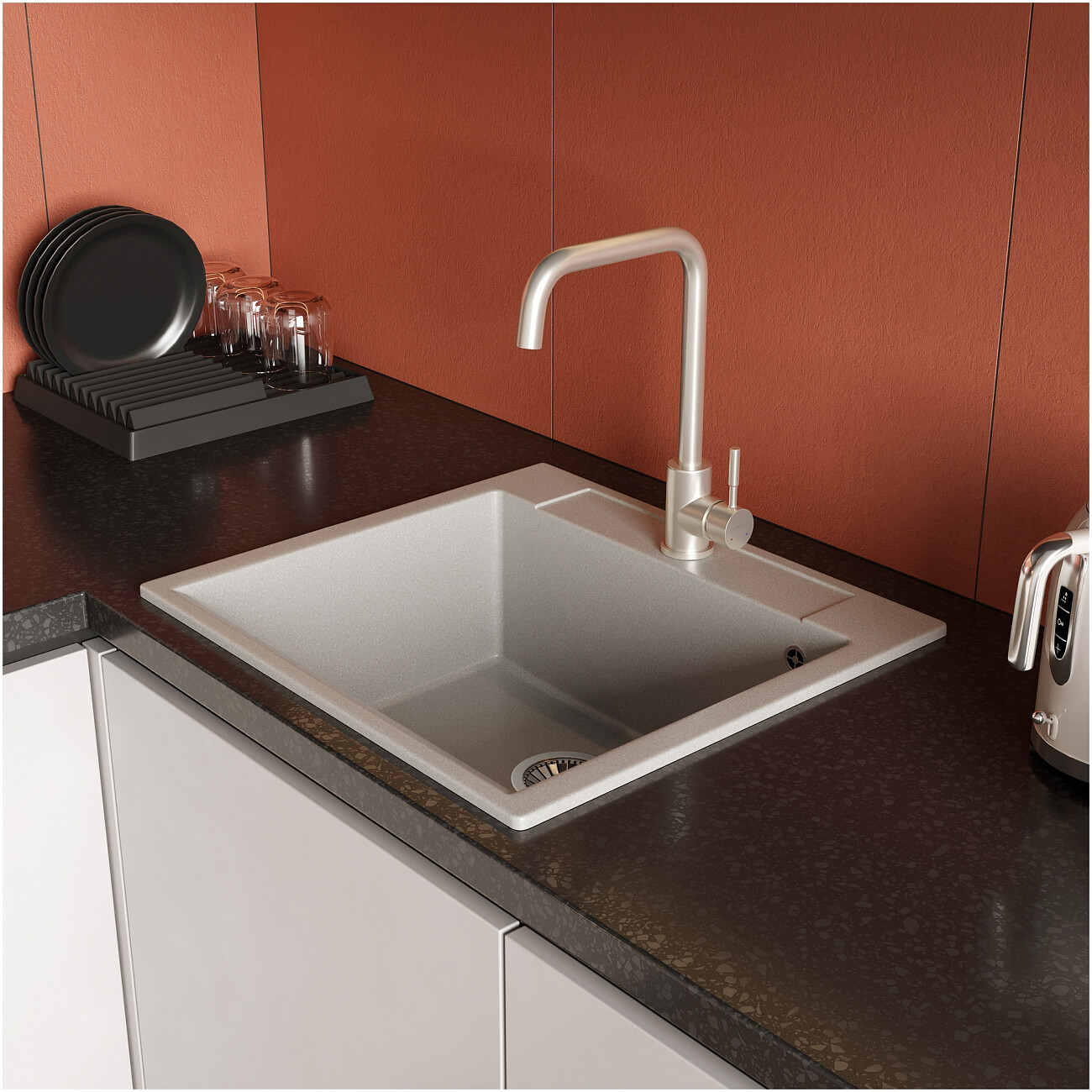 Мойка кухонная из искусственного мрамора прямоугольная 51х56 см серая Domaci "Савона" PA 560 - изображение 4