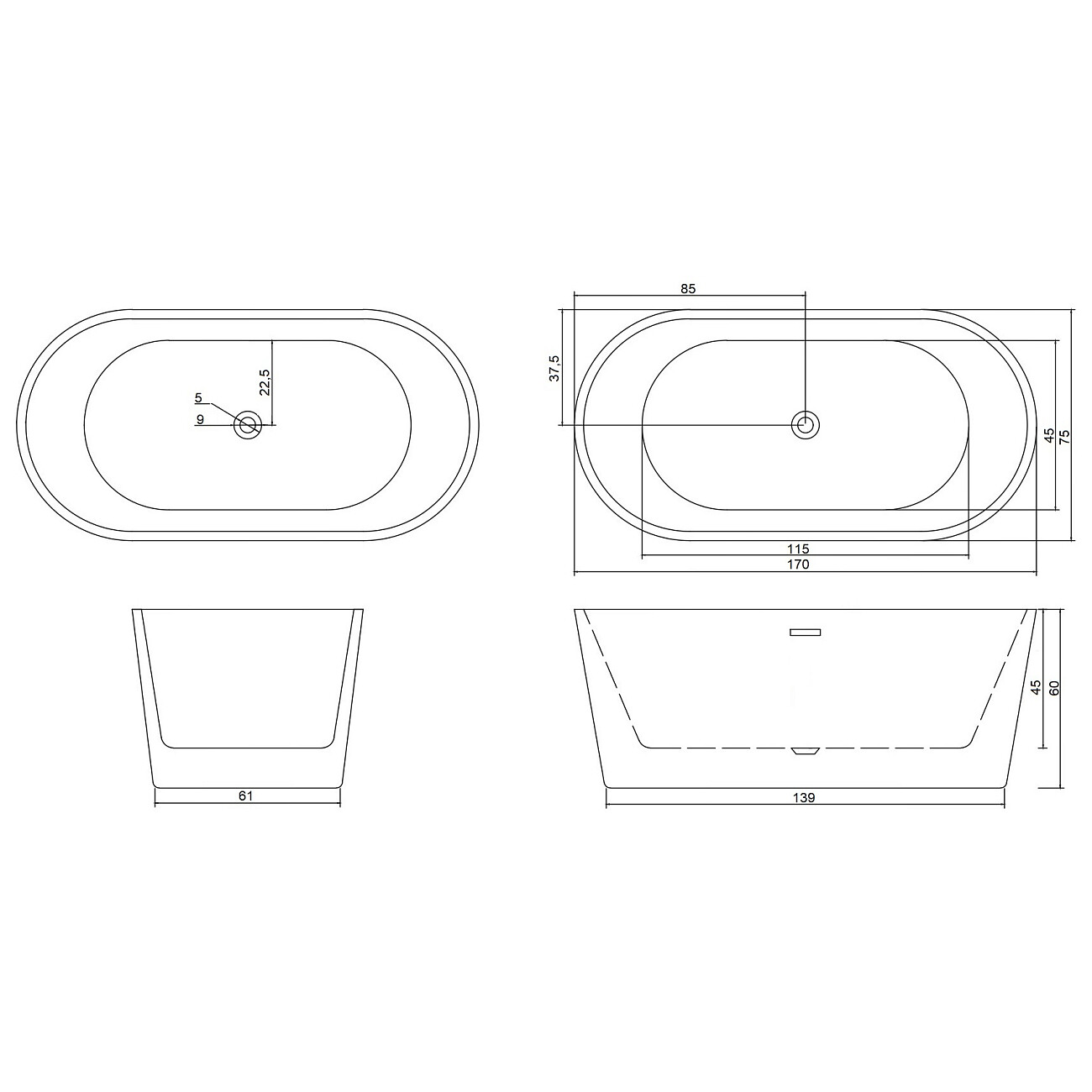 Ванна акриловая отдельностоящая черная матовая Ceruttispa Resia 170 II GMB CT10879 - изображение 5