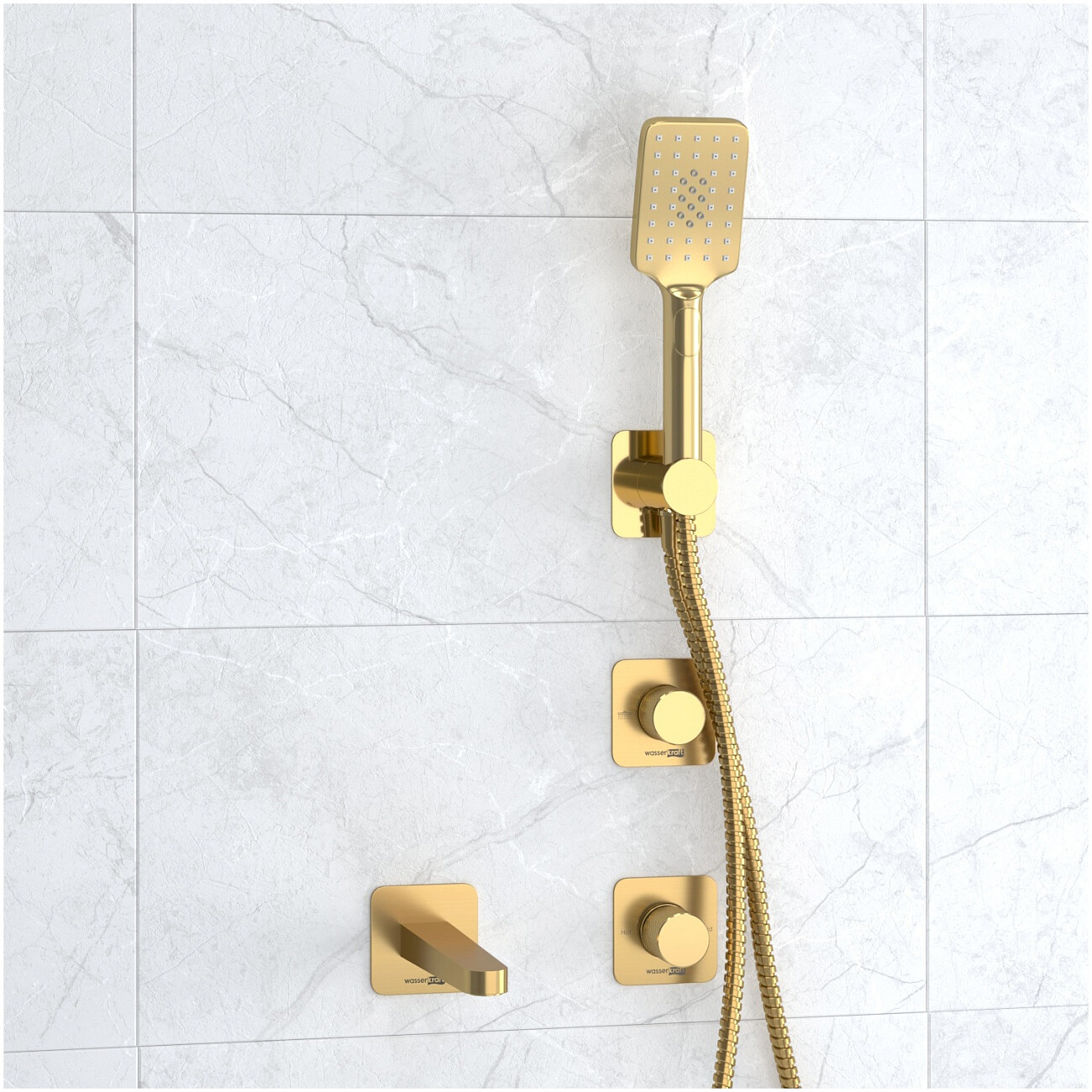 Душевой комплект встраиваемый с лейкой и изливом золото Wasserkraft A8251.306.308.285.194.201 - изображение 3