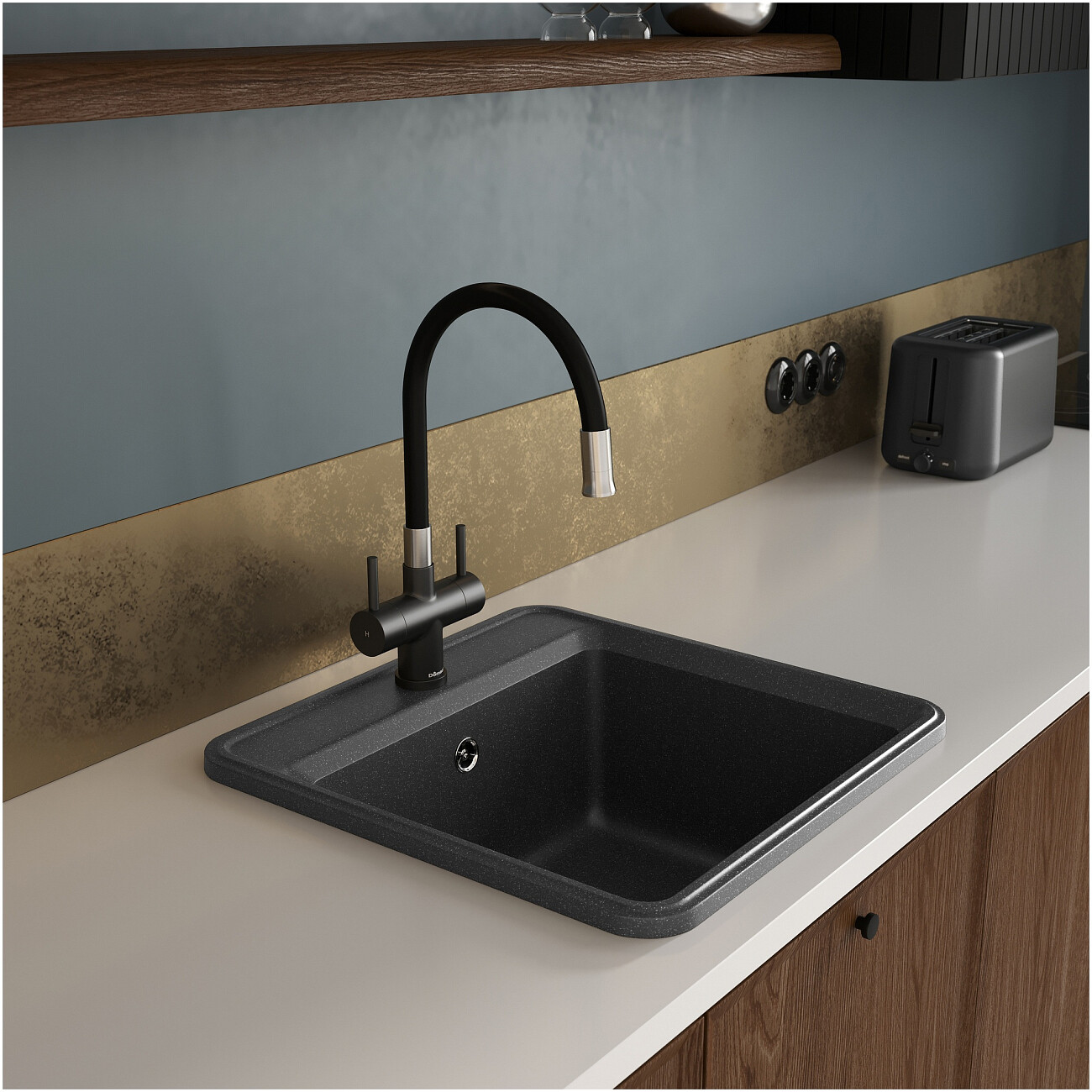 Мойка кухонная из искусственного мрамора квадратная 51 см черная Domaci "Римини" DG К-405 - изображение 9