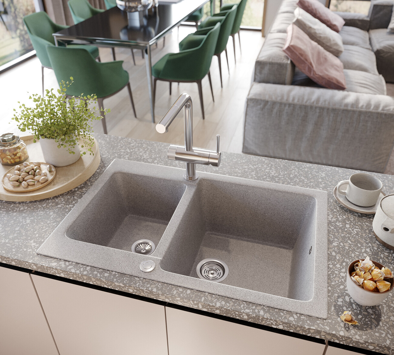 Мойка кухонная с дополнительной чашей серая Domaci "Бьелла" DMC-76K серая - изображение 3