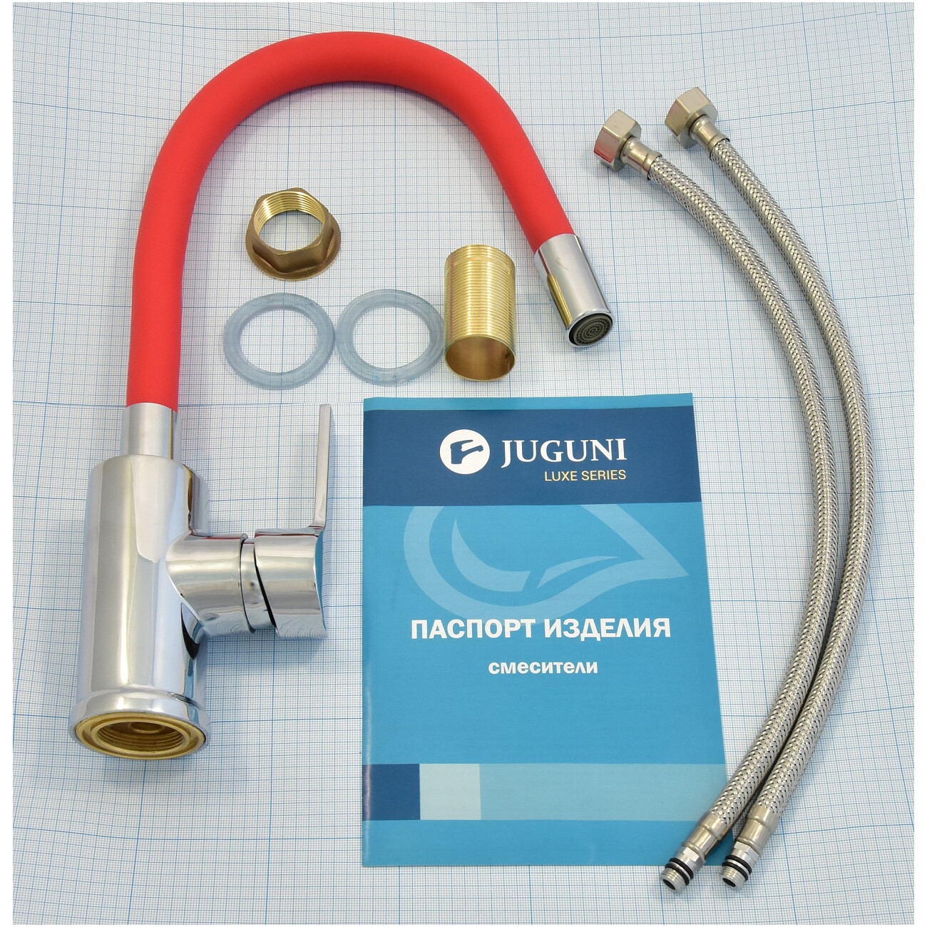 Смеситель для кухни однорычажный с гибким изливом красный, хром Juguni Luxe Capella 0402.484 - изображение 9