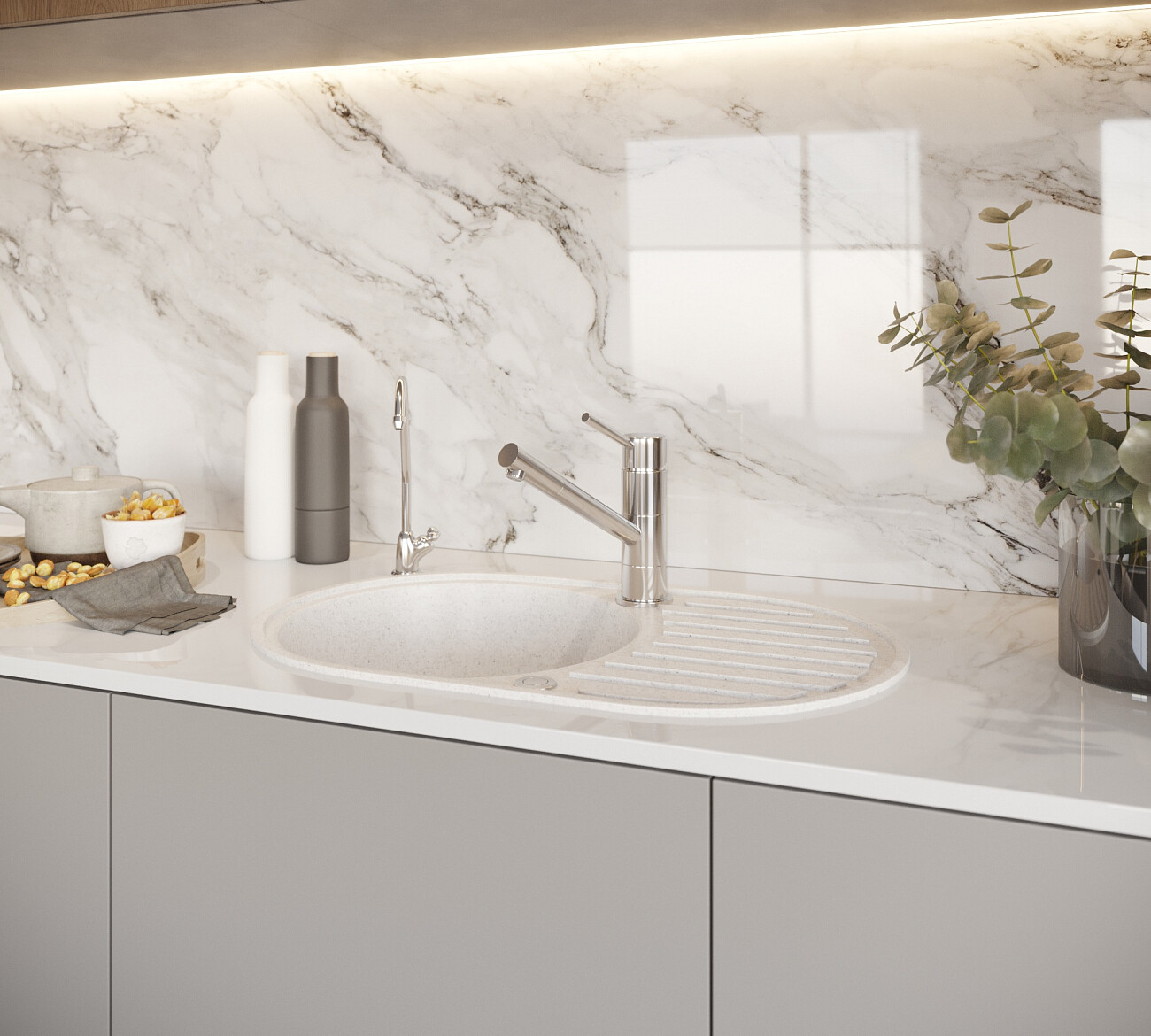 Мойка кухонная овальная мраморная белая Domaci "Бьелла" DMC-18 - изображение 3