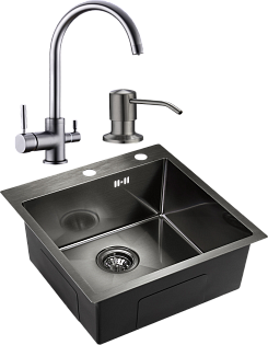 Мойка кухонная темный хром Domaci &quot;Равенна&quot; PVD DMB-117A со смесителем DCB 3007 черный