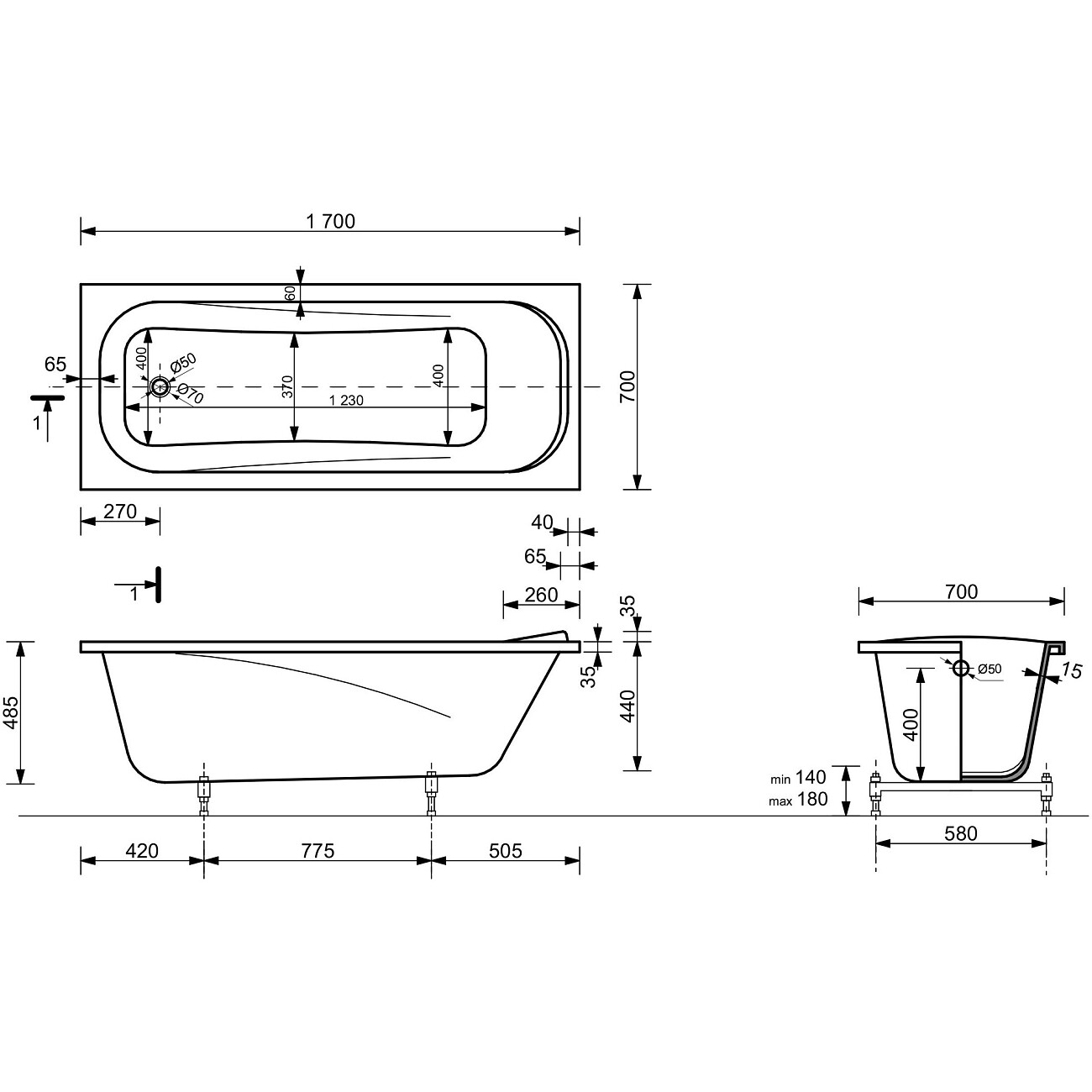 Ванна из искусственного камня прямоугольная с ножками 170x70 см белая Stworki "Вестфолл" - изображение 2