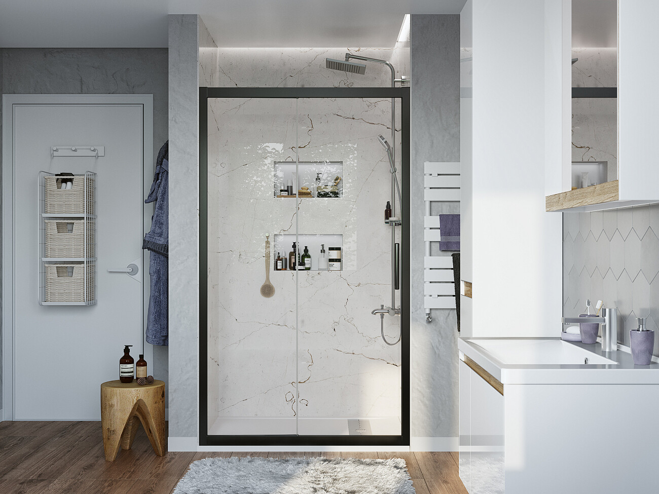 Душевая дверь в нишу стеклянная раздвижная 90 см черный матовый Stworki "Стокгольм" 3GW207TTKK000 - изображение 4