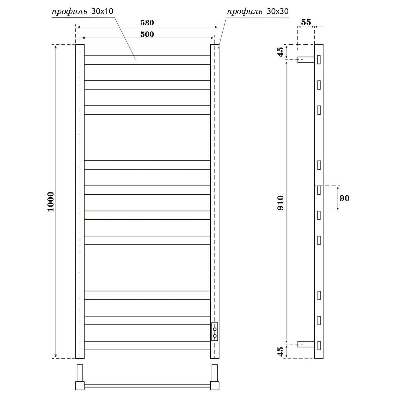 Полотенцесушитель электрический с диммером справа 50х100 см графит Point "Меркурий" PN83850GR П10 - изображение 2