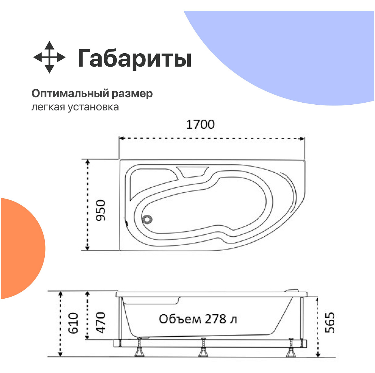 Ванна акриловая 170x95 см с каркасом белая Diwo "Сочи L" Щ0000055217, Щ0000055243 - изображение 7