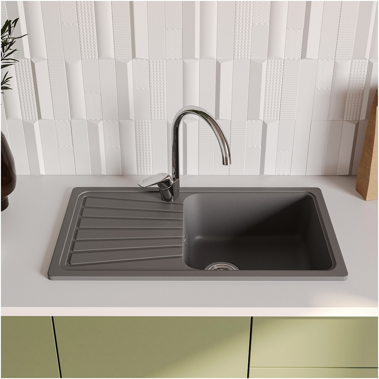 Мойка кухонная из искусственного гранита с крылом серая Domaci "Верона" 81-46 серая - изображение 3