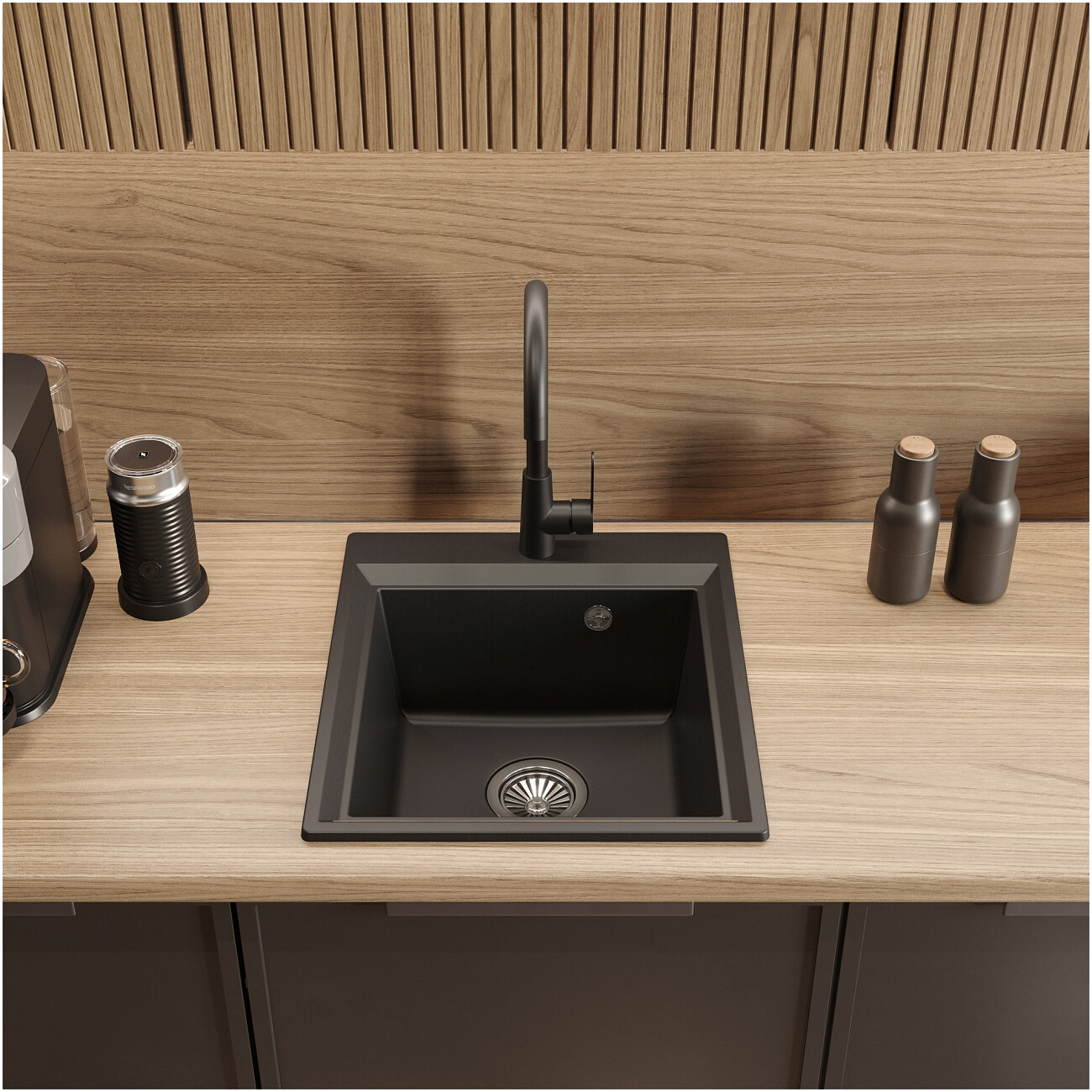 Мойка кухонная кварцевая прямоугольная 52х46 см черная Domaci "Римини" DG 45-51-405 - изображение 3