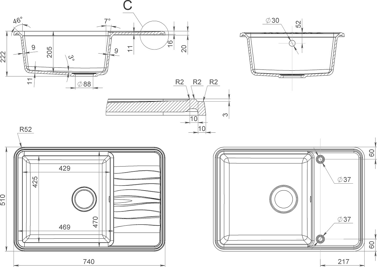 Мойка кухонная кварцевая прямоугольная 51х74 см черная Domaci "Римини" DG R-405 - изображение 2