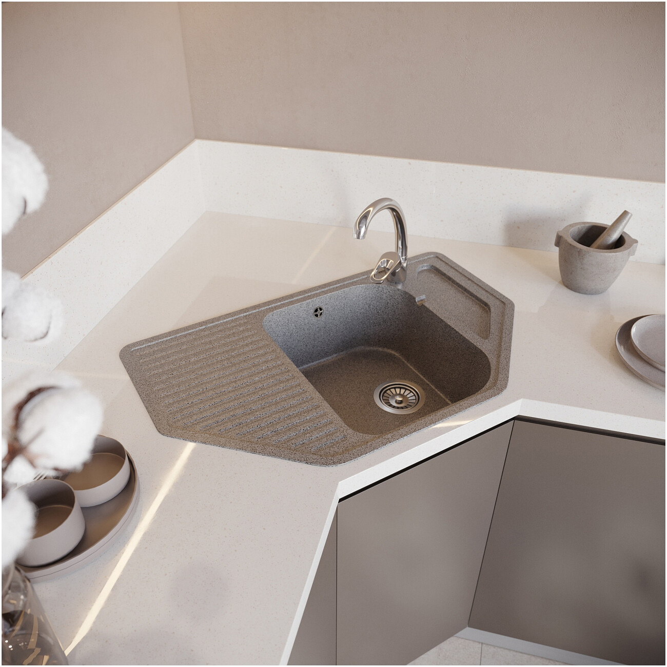 Мойка кухонная из искусственного мрамора многоугольная серая Domaci "Бьелла" DMC-10 - изображение 3