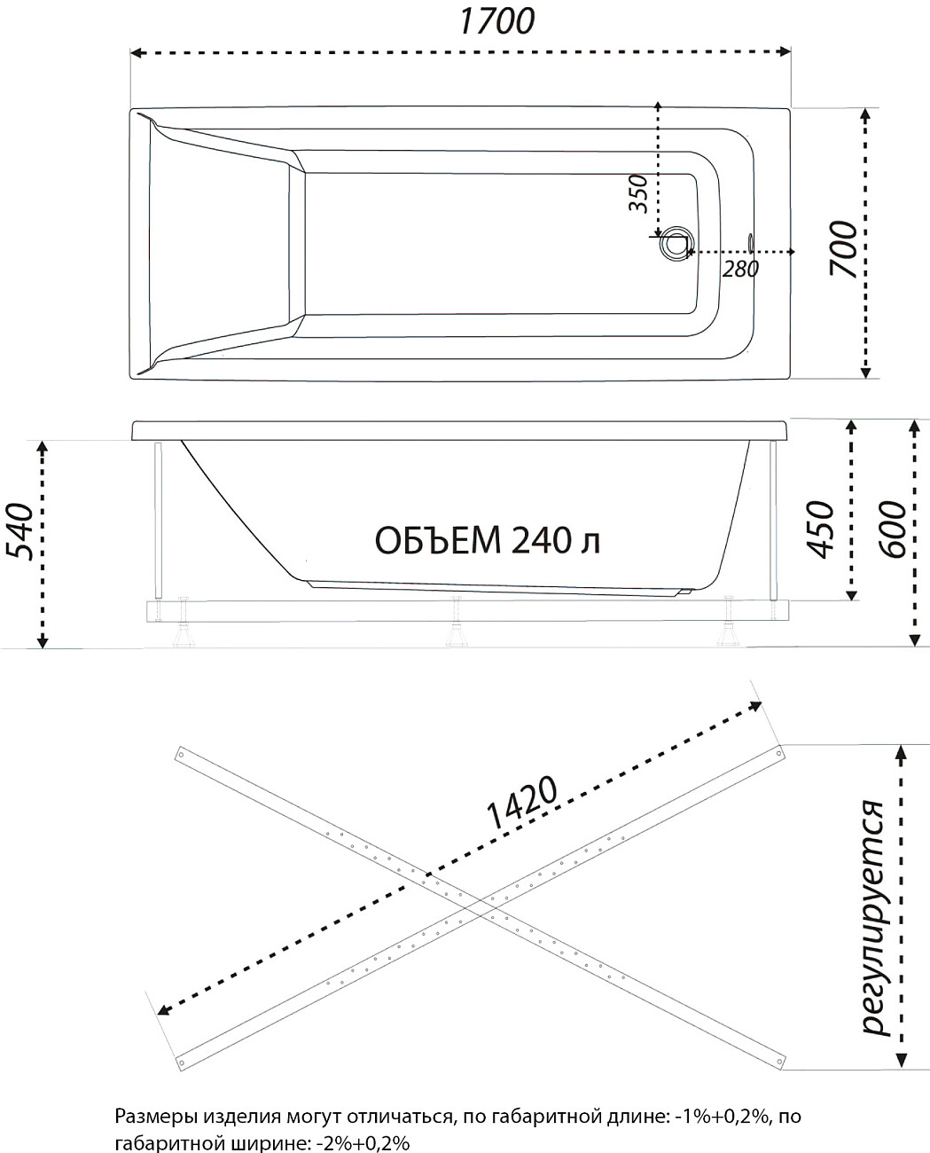 Ванна акриловая 70х170 см белая Diwo "Переславль" Щ0000046597 - изображение 6