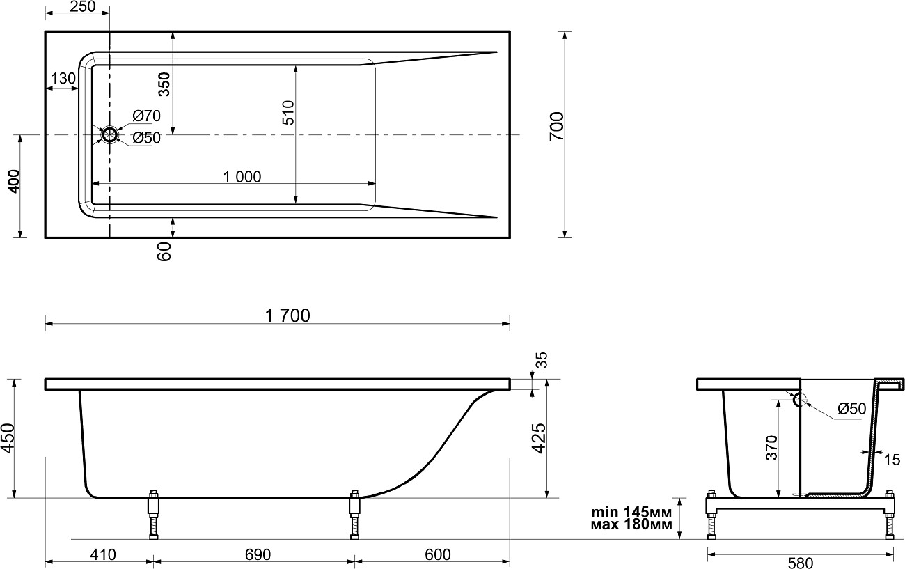 Ванна из искусственного камня с ножками 170х70 см белая Stworki "Ольборг" ФР-00014088, ФР-00014106 - изображение 2