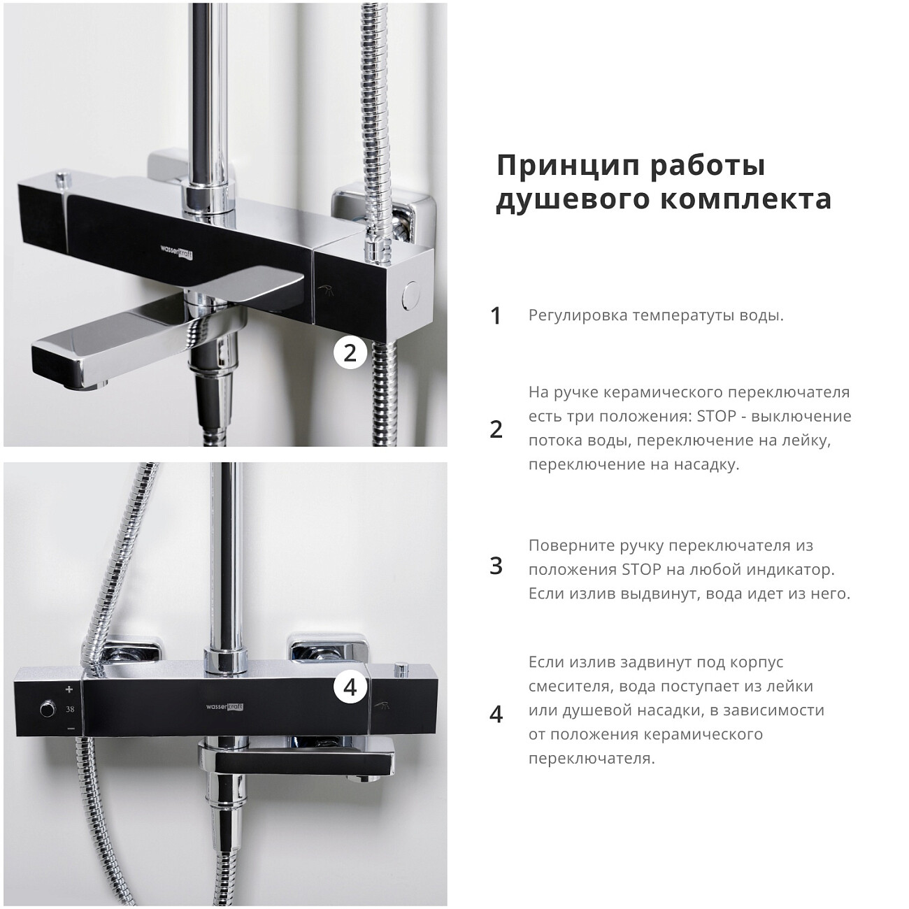 Душевой комплект с верхним душем и лейкой хром Wasserkraft A19901 Thermo - изображение 3
