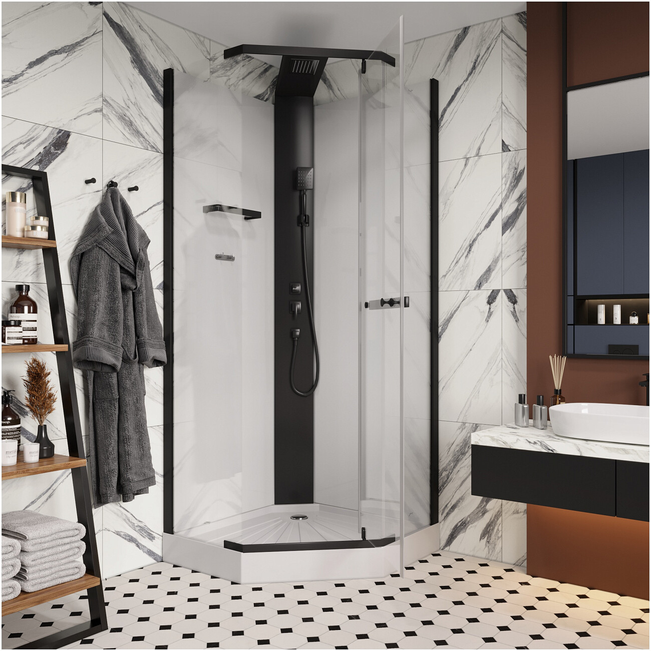 Душевая кабина пятиугольная без крыши с низким поддоном 90х90 см черная Cerutti SPA Chika 901B - изображение 20